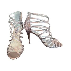 Steve‎ Madden Edithhh Rose Gold Metallic Snakeskin Caged Strappy Heels Womens 11